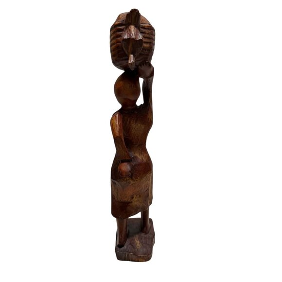 Hand-Carved Wooden African Woman Figurine with Basket Decor - Picture 6 of 10